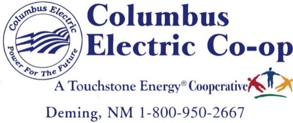 Comlumbus Electric Co-op. Logo Reads: Columbus Electric - Power For The Future. A Touchstone Energy Cooperative, Deming, NM 1-800-950-2667